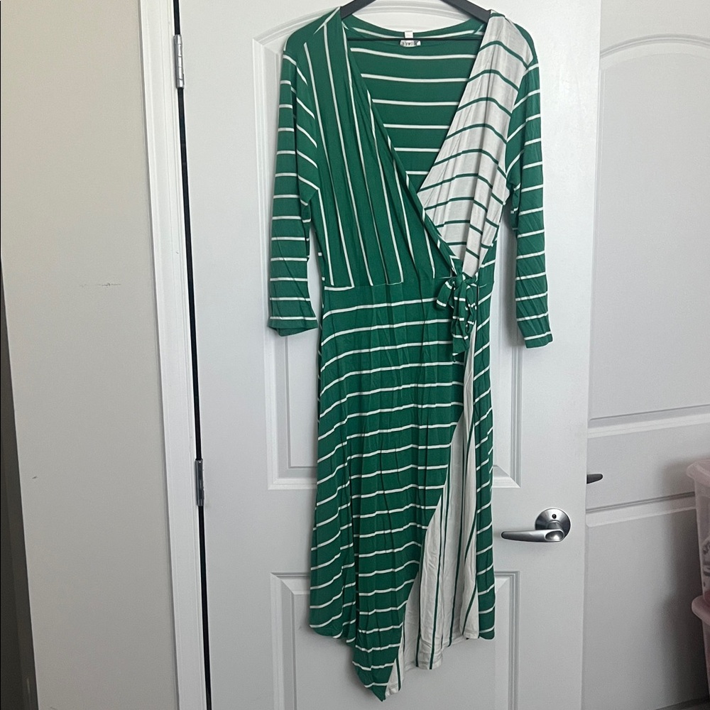 Green and White Striped Wrap Dress